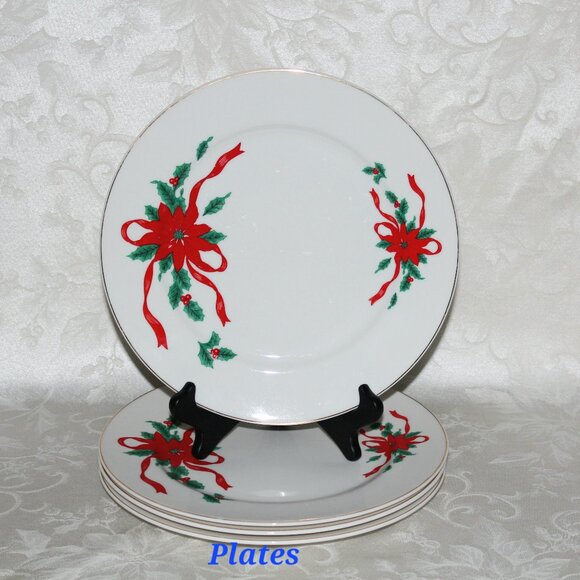 Christmas Poinsettia Dinnerware Set | Holly Berries & Red Ribbon - Picture 2 of 9